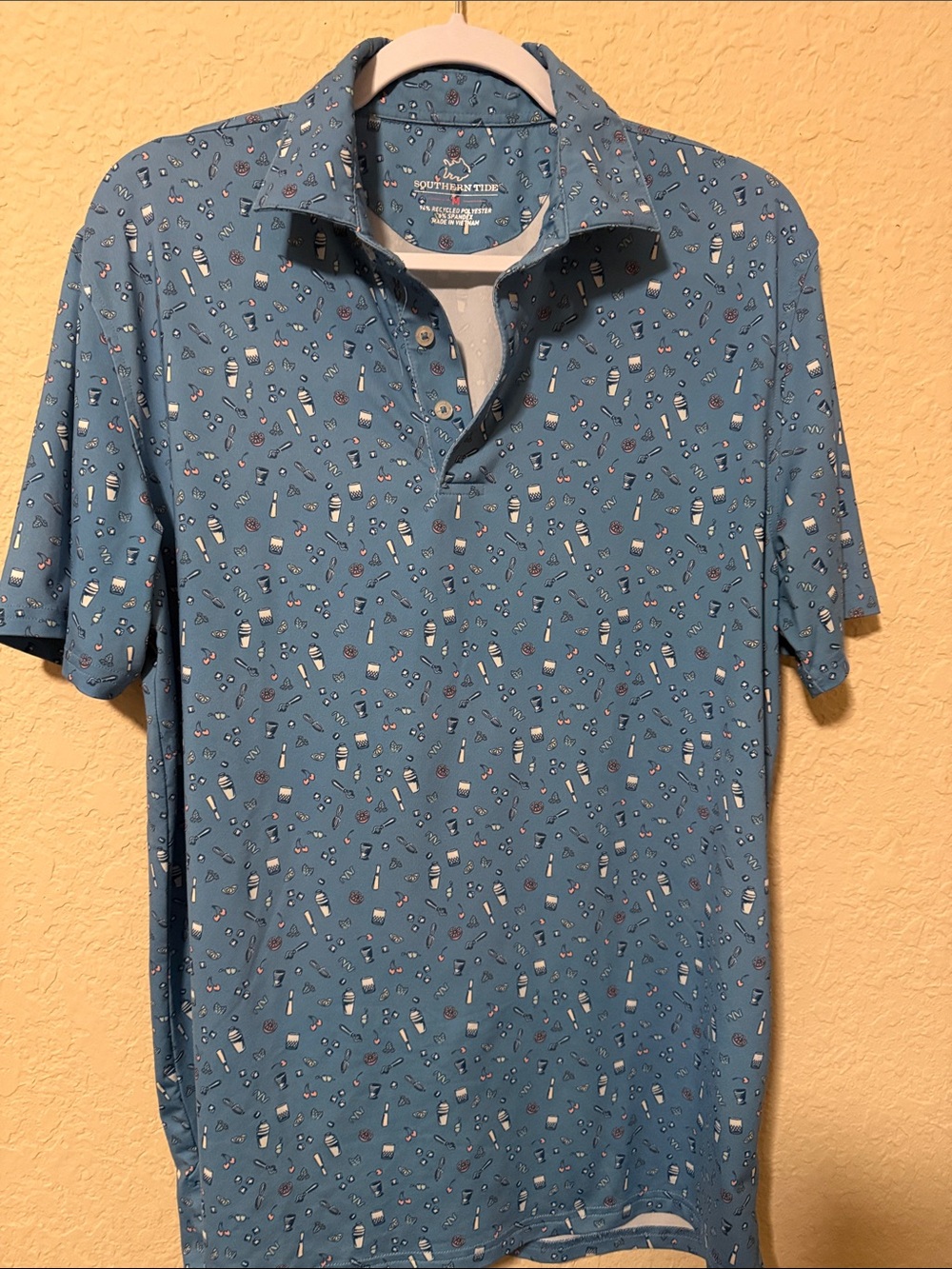 Southern Tide Blue Polo with Mini Beverage Print